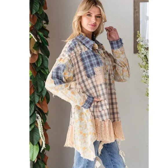 Oli & Hali Ruffled Lace Button Up Plaid Shirt with Pockets - NWT - Blue - XL - Picture 4 of 5